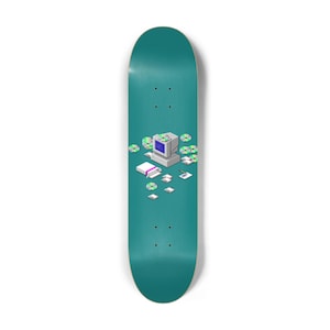 May include: Teal skateboard featuring a retro computer graphic with a monitor, CDs, and floppy disks. The skateboard has a teal background and a classic skateboard shape, perfect for skateboarding enthusiasts.