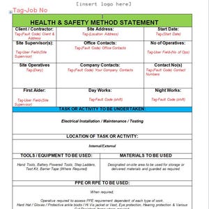 May include: A detailed Health & Safety Method Statement form with a green and blue header. The form includes sections for client information, site details, and safety protocols. Text includes "Electrical Installation / Maintenance / Testing" and "PPE OR RPE TO BE USED:"