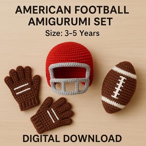 以下が含まれることがあります： 3～5歳向けの、かぎ針編みのアメリカンフットボールアミグルミセット。赤いヘルメットとグレーのフェイスマスク、白のストライプが入った茶色の手袋2つ、白のストライプが入った茶色のフットボールが含まれます。「AMERICAN FOOTBALL AMIGURUMI SET」の文字が見えます。