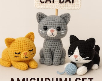 国際猫の日 アミグルミかぎ針編みパターン – 猫のぬいぐるみ3体セット