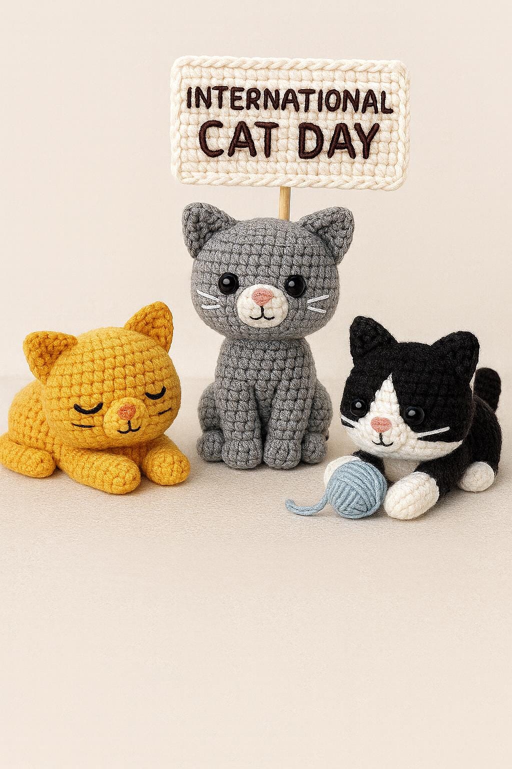 国際猫の日 アミグルミかぎ針編みパターン – 猫のぬいぐるみ3体セット