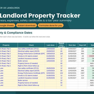 May include: A digital UK Landlord Property Tracker spreadsheet template featuring a Safety & Compliance Dates table. The table lists property addresses, check types, dates, repeat intervals, days remaining, and status indicators for rental management.