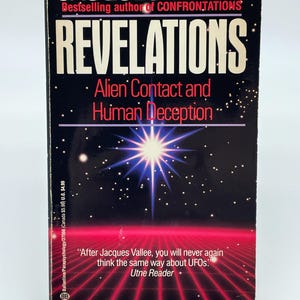 May include: A paperback book titled Revelations: Alien Contact and Human Deception by Jacques Vallee. The black cover features a bright central starburst, a red grid horizon, and white text. The Utne Reader quote is printed at the bottom.