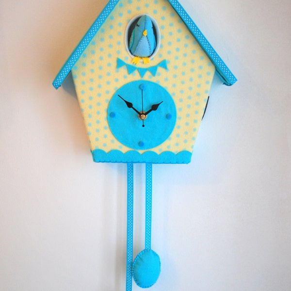Felt cuckoo clock - Polka dot yellow and blue - Free postage to EU