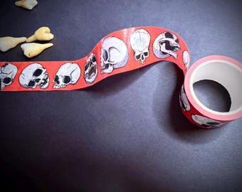 以下が含まれることがあります： 白い頭蓋骨の繰り返し模様が特徴の赤い装飾テープ。テープはほどかれ、いくつかの頭蓋骨のイラストが明らかになっています。テープのロールといくつかの歯も表示されています。