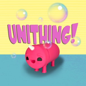 May include: A pink, cartoon-style rhino toy with a white horn and black eyes. The word "UNITHING!" is written in pink letters above the toy. The background is yellow and blue with bubbles.