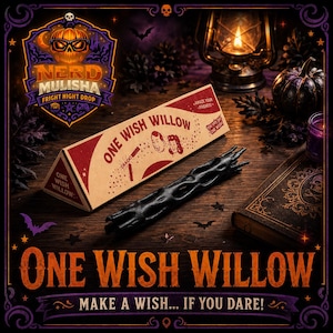 May include: A black, textured wand-like object rests beside a triangular cardboard box labeled One Wish Willow. The box features red and tan graphics, including illustrations of two faces, the text Amaze your friends, and You only get one wish.