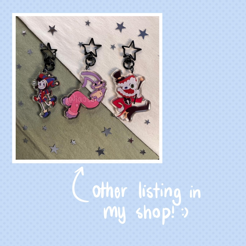 May include: Three cartoon character keychains with black star-shaped clasps. The characters are a clown, a rabbit, and a Santa Claus figure. The background is a mix of green and white with star-shaped confetti. Text reads "other listing in my shop!"
