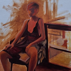 Sombras del atardecer – Pintura al óleo original pequeña, pintura de figura femenina