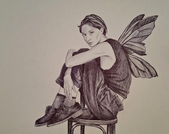 Held Flight – figuratieve inkttekening, surrealistische kunst