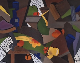 Harmony in Geometry, original cubist still life painting with fruit and forms