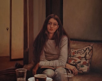 Evening Thoughts, original Oil Painting: Sitting Woman Portrait on Paperboard