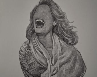 Surreal Graphite Portrait Drawing – Faceless Laughing Woman – Emotional Expression Art