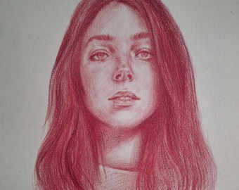 Crimson Silence – Originalporträtt i rött blyertsporträtt, kvinnofigurkonst