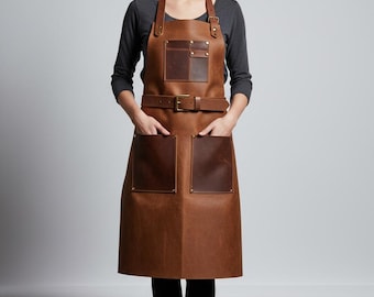 Delantal artesanal de cuero genuino de grano completo con múltiples bolsillos / Ideal para barbacoa, soldadura, cocina y carpintería.