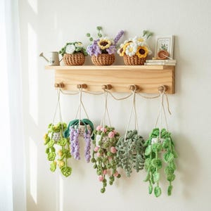 May include: A wooden shelf displaying three crochet flower baskets and a small watering can. Below, five hanging crochet plant baskets in green, purple, and pink are suspended by twine. The shelf is mounted on a white wall.