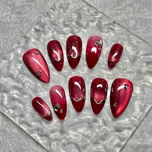 Red Chrome Glitter Nails, Flame Design Nails, Statement Press On Set