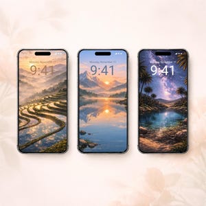 May include: Three smartphones with landscape wallpapers. Each phone displays a different scenic view: terraced rice fields, a lake with mountains, and a starry night over a body of water. The time, 9:41, and the date, Monday, November 11, are displayed on each screen.