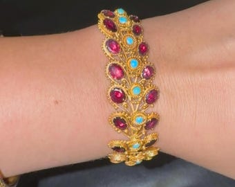 Victorian 18K Gold Garnet Turquoise Bracelet, Antique Cannetille Work, 37.2g High Carat Gold, 19th Century Fine Jewelry