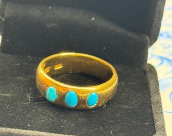 Antiker 18 Karat Gelbgold-Türkis-Drei-Stein-Bandring - TW Makers Mark