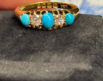 Antique Turquoise & Diamond 5 Stone Ring | 18K Gold Victorian Ring | Estate Turquoise Ring | Antique Fine Jewelry