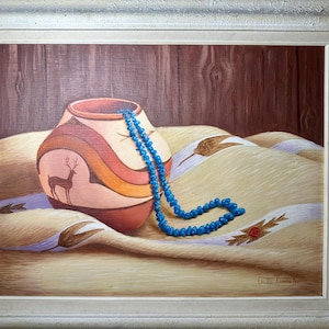 May include: An oil painting of a Native American pottery vase with a deer silhouette, a blue beaded necklace, and a patterned blanket. The vase has a brown, orange, and cream color scheme. The background is a wooden wall.