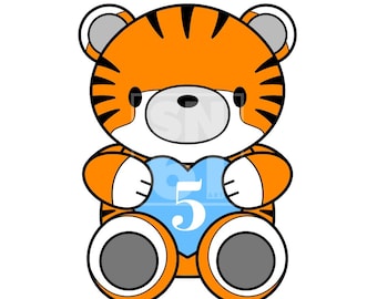 5th Birthday - cute tiger artwork download - blue balloon - SVG file - fully scaleable for cake toppers, balloons, invitations, banners etc