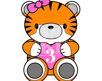 3rd Birthday - cute tiger artwork download - pink balloon - SVG file - fully scaleable for cake toppers, balloons, invitations, banners etc