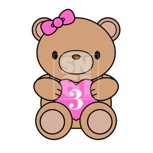 May include: A brown teddy bear illustration with a pink bow and a pink heart. The heart has the number 3 in white. The bear has black eyes and a brown nose. The image is a cartoon style.
