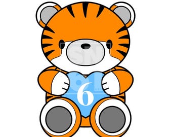 6th Birthday - cute tiger artwork download - blue balloon - SVG file - fully scaleable for cake toppers, balloons, invitations, banners etc