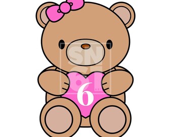 6th Birthday - cute bear artwork download - pink balloon - SVG file - fully scaleable for cake toppers, balloons, invitations, banners etc
