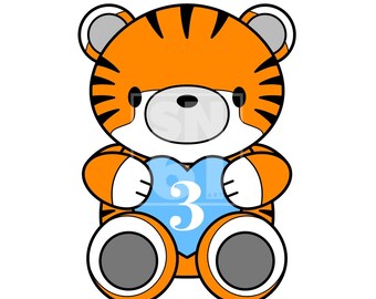 3rd Birthday - cute tiger artwork download - blue balloon - SVG file - fully scaleable for cake toppers, balloons, invitations, banners etc