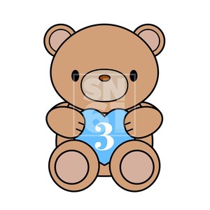 May include: A cartoon illustration of a brown teddy bear holding a light blue heart-shaped object. The number "3" is displayed in white on the heart. The bear has black eyes and a brown nose.