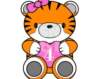 4th Birthday - cute tiger artwork download - pink balloon - SVG file - fully scaleable for cake toppers, balloons, invitations, banners etc