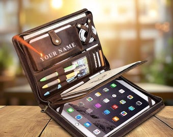 Full Grain Leather iPad Portfolio Case: Cowhide Organizer, Waterproof