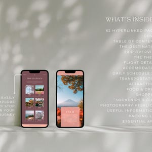 May include: Two smartphones displaying travel-themed content. One shows a trip overview with photos, the other features text about Fuji. Text on the left reads "Easily explore every stop on your journey." The right side lists "What's Inside?" with various travel-related topics.
