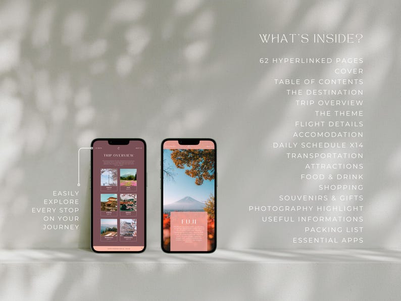 May include: Two smartphones displaying travel-themed content. One shows a trip overview with photos, the other features text about Fuji. Text on the left reads "Easily explore every stop on your journey." The right side lists "What's Inside?" with various travel-related topics.