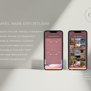 May include: Three smartphones displaying travel itinerary templates. The screens show flight details, travel themes, and accommodation information. Text includes "Travel Made Effortless," "Ready-to-use travel itinerary," and "Get inspired and visualize your trip."