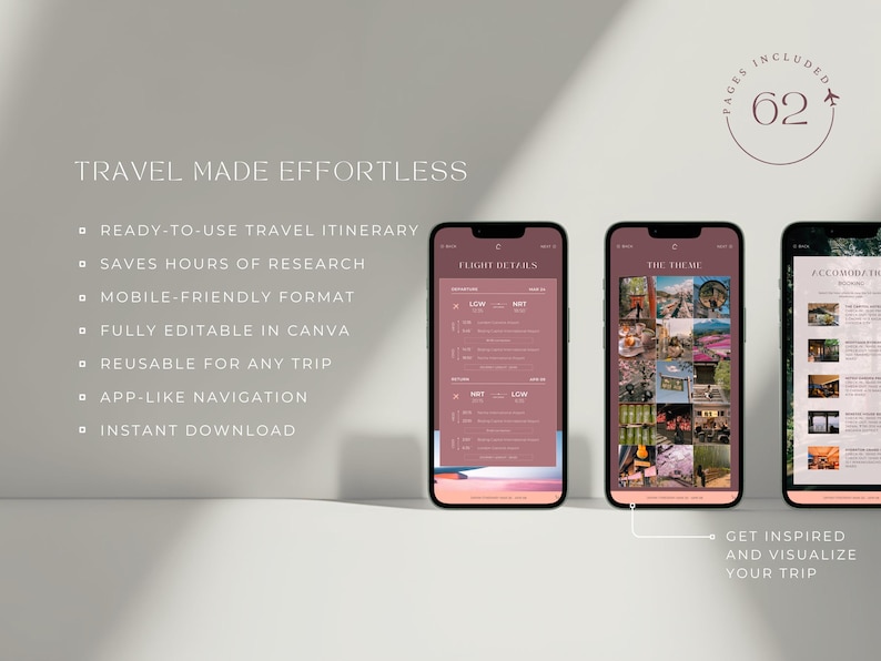 May include: Three smartphones displaying travel itinerary templates. The screens show flight details, travel themes, and accommodation information. Text includes "Travel Made Effortless," "Ready-to-use travel itinerary," and "Get inspired and visualize your trip."