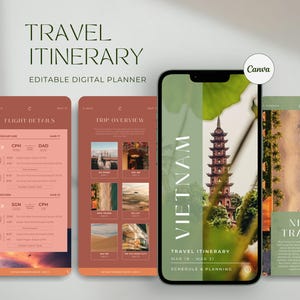 Puede incluir: Una plantilla digital de itinerario de viaje que se muestra en teléfonos inteligentes. El diseño presenta una paleta de colores cálidos con imágenes de Vietnam. El texto incluye "Travel Itinerary", "Flight Details" y "Trip Overview". El logotipo de Canva es visible.