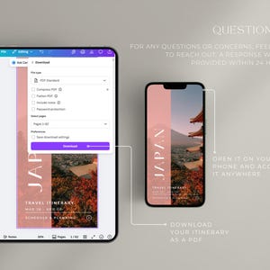 May include: A digital travel itinerary for Japan displayed on a tablet and a smartphone. The itinerary features a photo of a Japanese landscape and the text "JAPAN". The tablet shows download options for a PDF file.