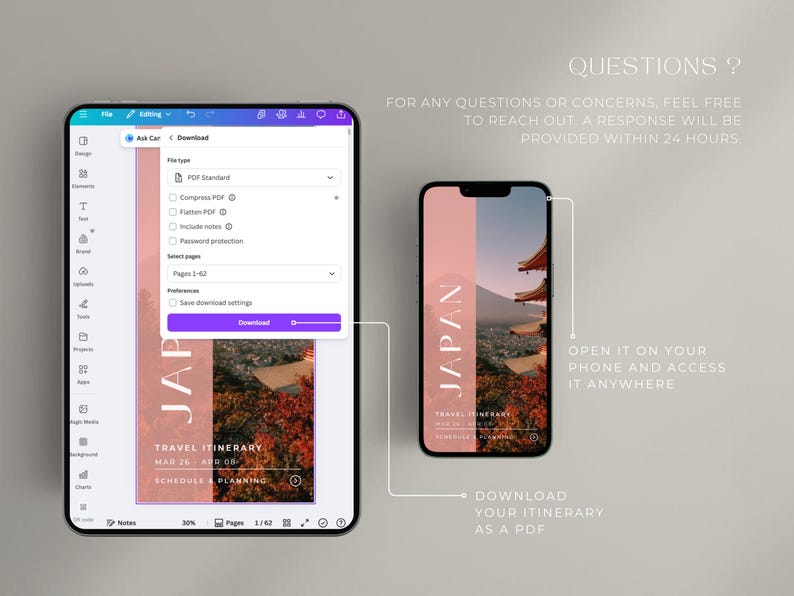 May include: A digital travel itinerary for Japan displayed on a tablet and a smartphone. The itinerary features a photo of a Japanese landscape and the text "JAPAN". The tablet shows download options for a PDF file.