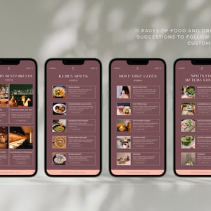 May include: Four smartphones displaying food and drink suggestions. The screens show restaurant and cafe recommendations in Tokyo, Kyoto, and Osaka, with the text "11 PAGES OF FOOD AND DRINK SUGGESTIONS TO FOLLOW OR CUSTOMIZE."