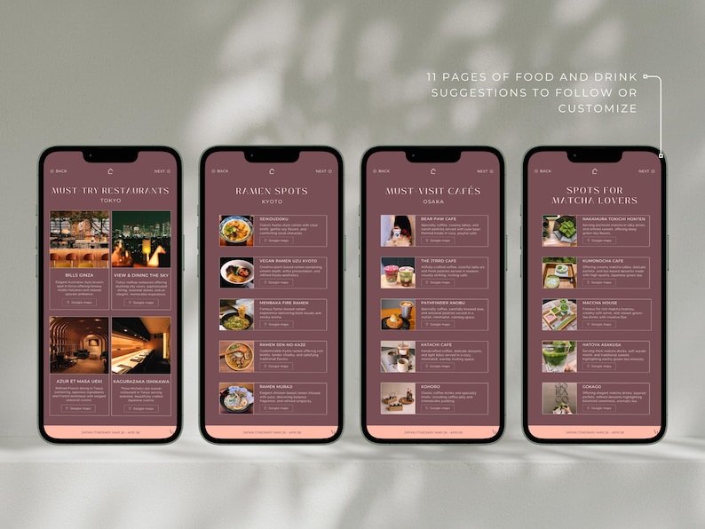 May include: Four smartphones displaying food and drink suggestions. The screens show restaurant and cafe recommendations in Tokyo, Kyoto, and Osaka, with the text "11 PAGES OF FOOD AND DRINK SUGGESTIONS TO FOLLOW OR CUSTOMIZE."