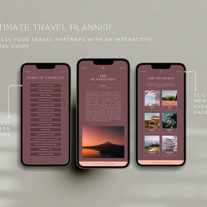 May include: Three smartphones displaying a digital travel planner. The screens show a table of contents, destination details, and a trip overview with clickable menus. Text includes "Ultimate Travel Planner" and "Get access to fifteen categories."