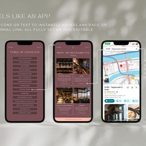 May include: Three smartphones displaying a travel app interface. The app features a table of contents, restaurant recommendations, and a map with a restaurant location. Text on the screen reads "FEELS LIKE AN APP" and "SAVE TIME, FIND YOUR WAY INSTANTLY."