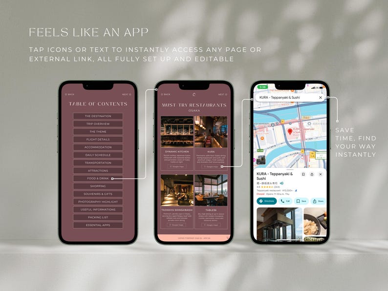 May include: Three smartphones displaying a travel app interface. The app features a table of contents, restaurant recommendations, and a map with a restaurant location. Text on the screen reads "FEELS LIKE AN APP" and "SAVE TIME, FIND YOUR WAY INSTANTLY."