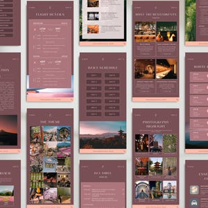 May include: A collection of digital travel guides displayed on a light brown background. The guides feature various topics, including flight details, daily schedules, and photography highlights. Each guide has a light orange border and contains text and images.