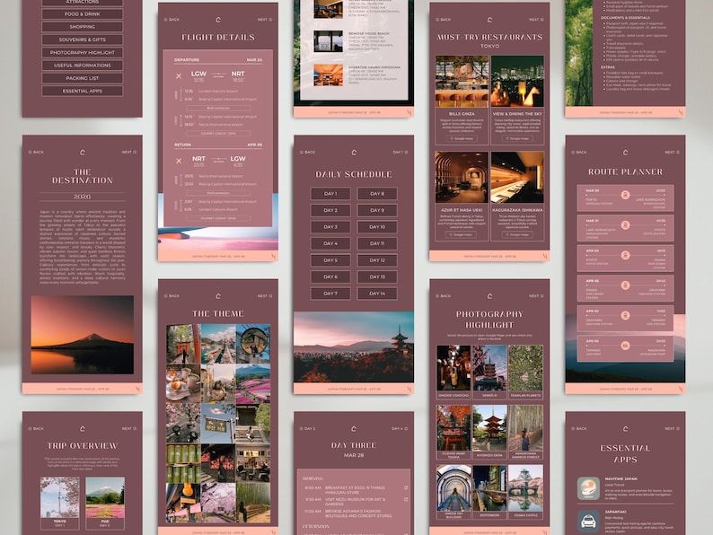 May include: A collection of digital travel guides displayed on a light brown background. The guides feature various topics, including flight details, daily schedules, and photography highlights. Each guide has a light orange border and contains text and images.