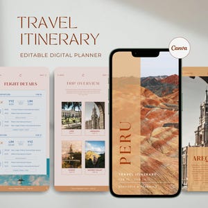 May include: A digital travel itinerary planner on a smartphone, showcasing flight details, trip overviews, and a schedule. The screen displays images of Peru, with text that reads "PERU" and "TRAVEL ITINERARY". The design is in shades of beige and brown.